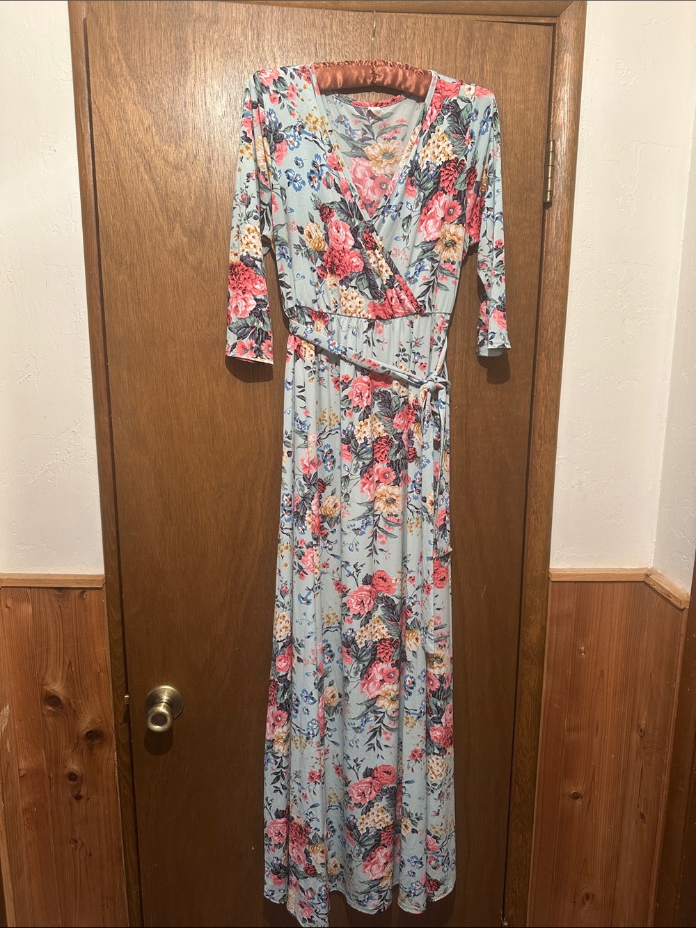 Pinkblush Maternity Floral Wrap Maxi Dress in Light Blue and Pink